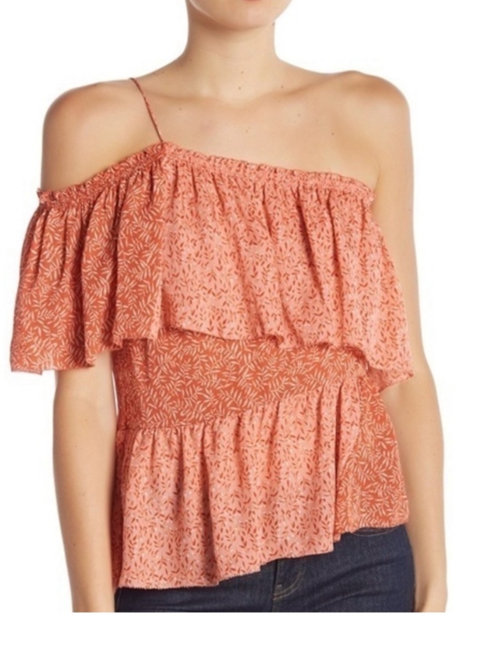 Joie Women's Coral Pink Ruffled Off-Shoulder Top size M 100%silk